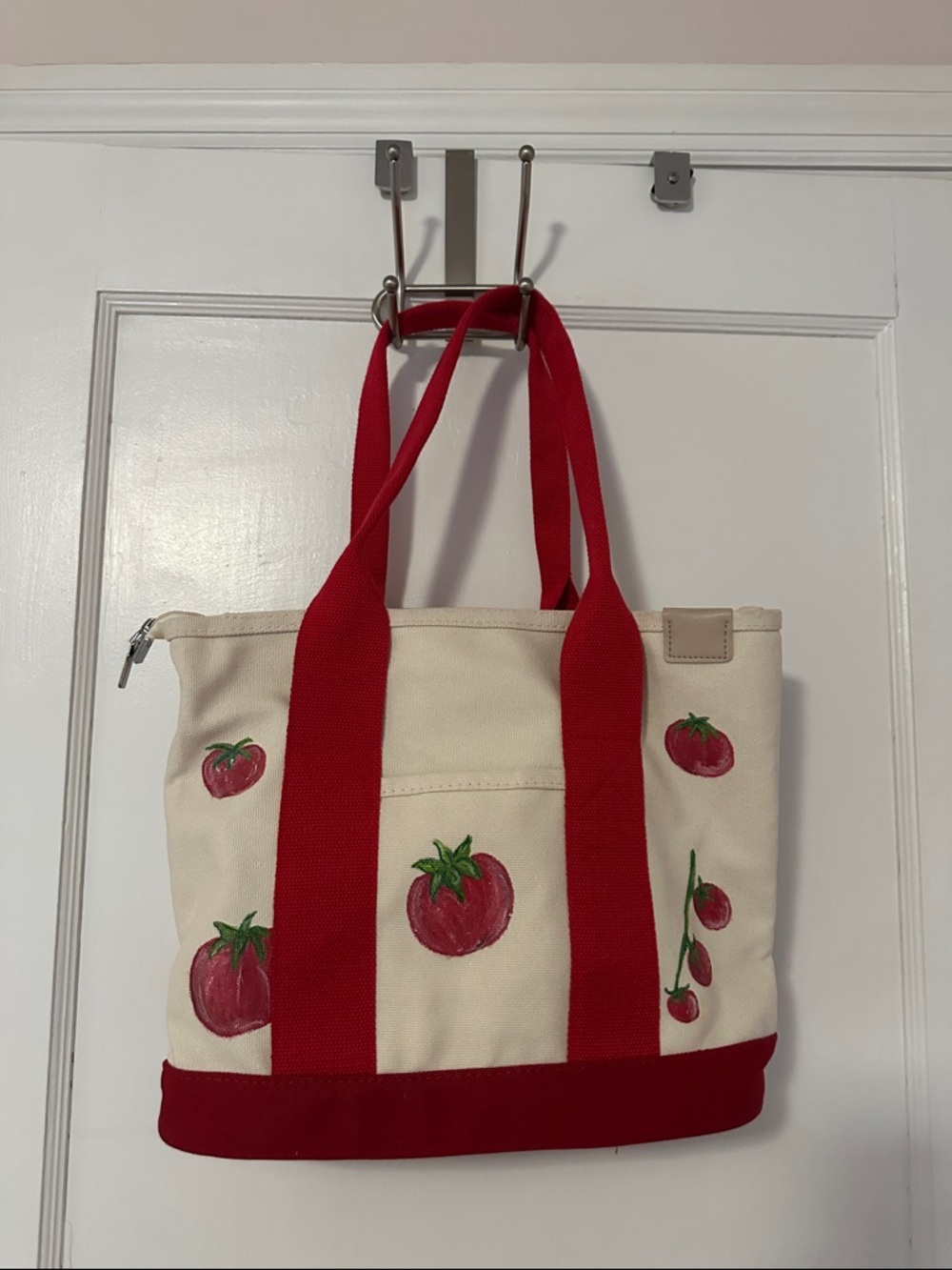 Canvas Hand Painted TomatoTote Bag with Red Straps